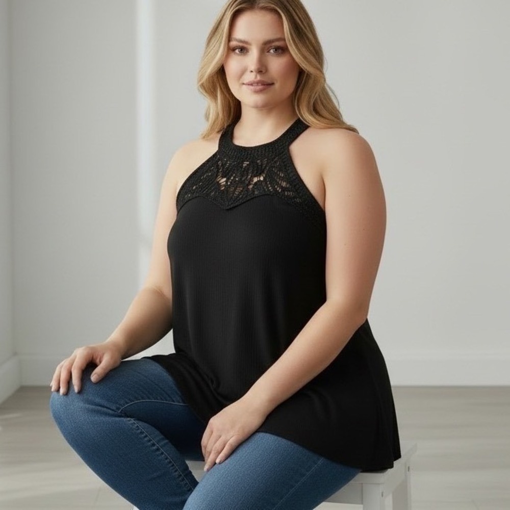 TORRID Black Goddess Neck Crochet Swing Tank NWT Size 3X - Picture 3 of 16